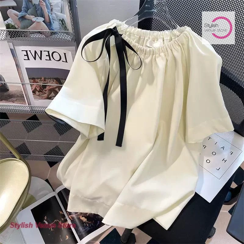 

Korean solid color design sense niche short-sleeved shirt women's spring and summer new bow sweet casual doll shirt T-shirt