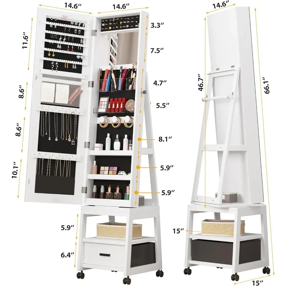 360° Swivel Jewelry Armoire, Floor Standing Locking with Full Length Mirror,Bottom Drawer,White Cabinet(White push-pull)