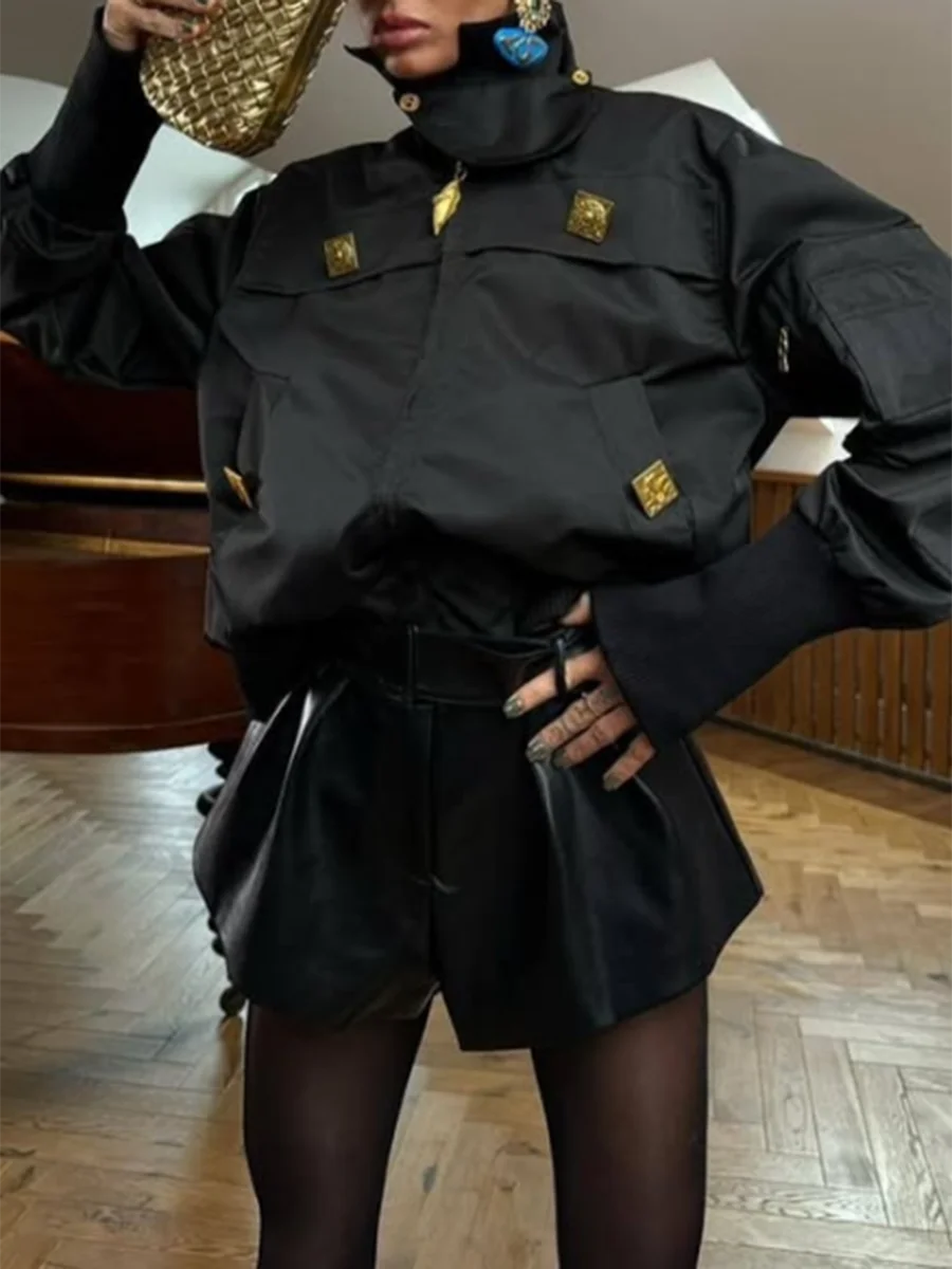 VGH High End Patchwork Metal Buckle Jackets for Women Lapel Long Sleeve Solid Fashionable Spliced Pocket Coat Female Autumn New