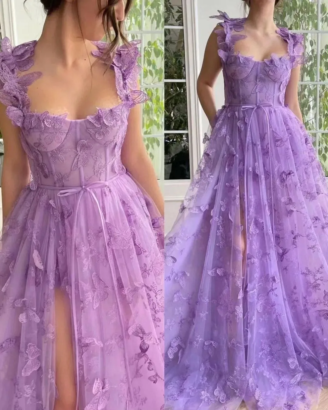 3D Butterfly Prom Evening Dress Lace Applique Princess Women Embroidery Mesh Tulle Lace Party Graduation School Party Gown