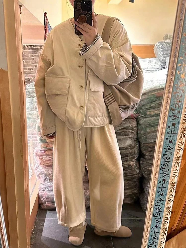 

Ретро-японская клетчатая куртка из хлопка для женщин больших размеров, осенняя верхняя одежда с V-образным вырезом, длинными рукавами, стандартный крой