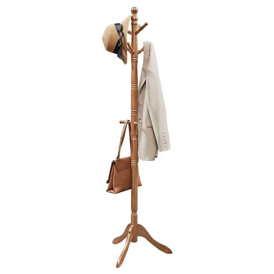 

Solid Wood Coat Rack and Stand, Free Standing Hall Coat Tree with 10 Hooks for Hats, Bags, Purses, for Entryway, Hallway, Rubbe