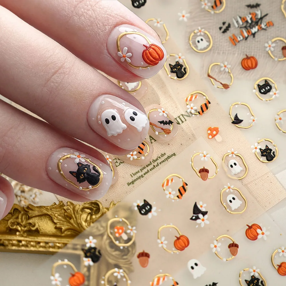 5D Embossed Halloween Nail Stickers Self‑Adhesive Nail Decals with Ghost Pumpkin Cat Mushroom Patterns Gold‑Trim Manicure Slider
