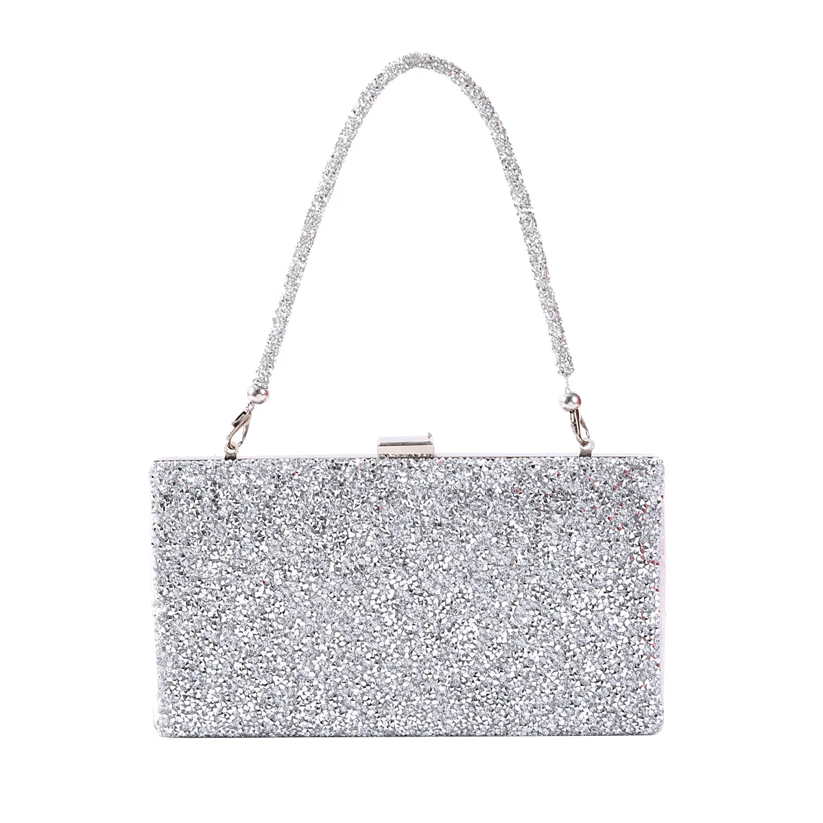 Women Champagne Pleated Glitter Oval Evening Clutch, Elegant Handbag With Metal Bow Frame And Chain Strap Mature Ladies Wedding