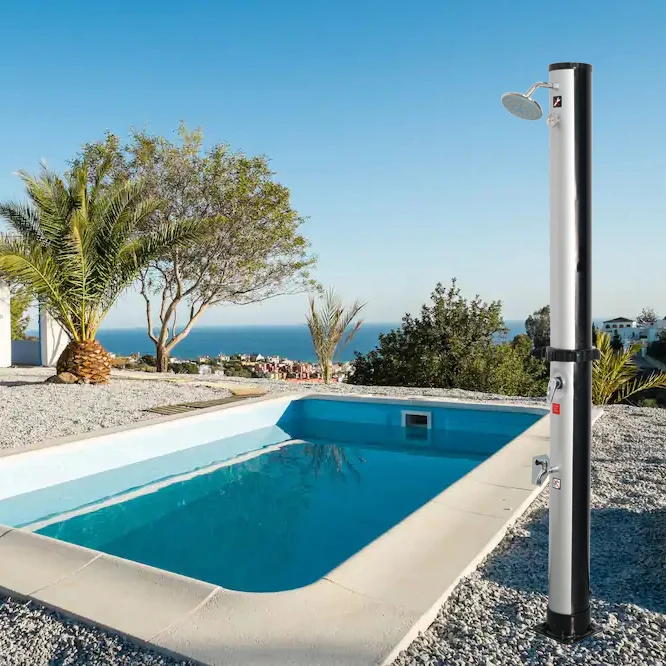 Ducha solar de nuevo diseño con dispositivo de temperatura 40l Ducha solar al aire libre de PVC además de piscina plateada + negra
