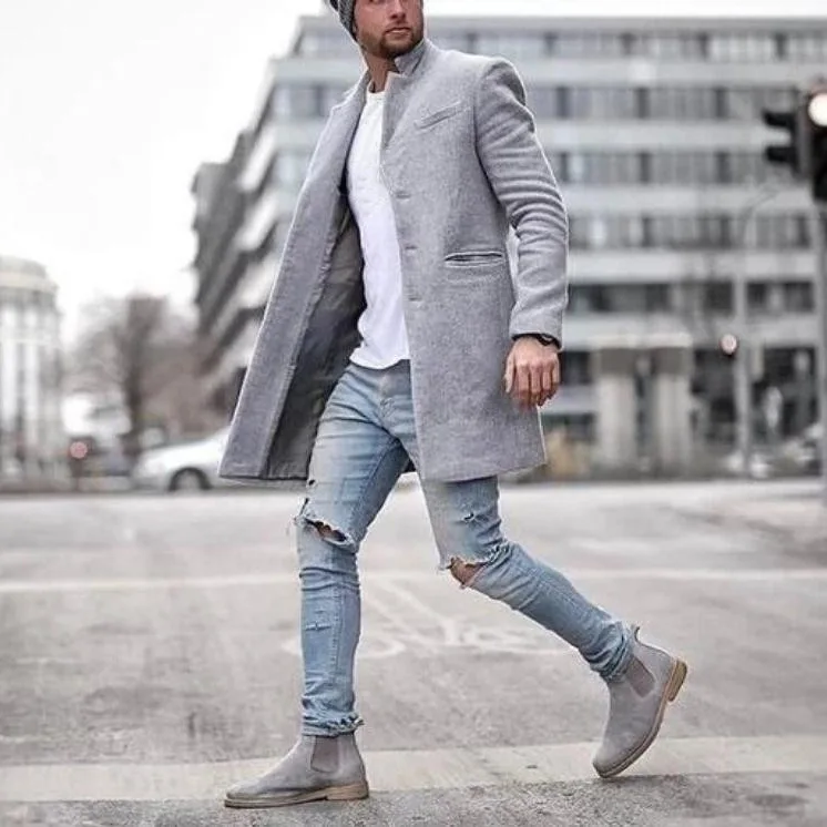 Men's Mid-length Wool Blend Overcoat, Classic Black Trench For Man, Winter Mans Jackets With Slim-fit Blazer Lapels