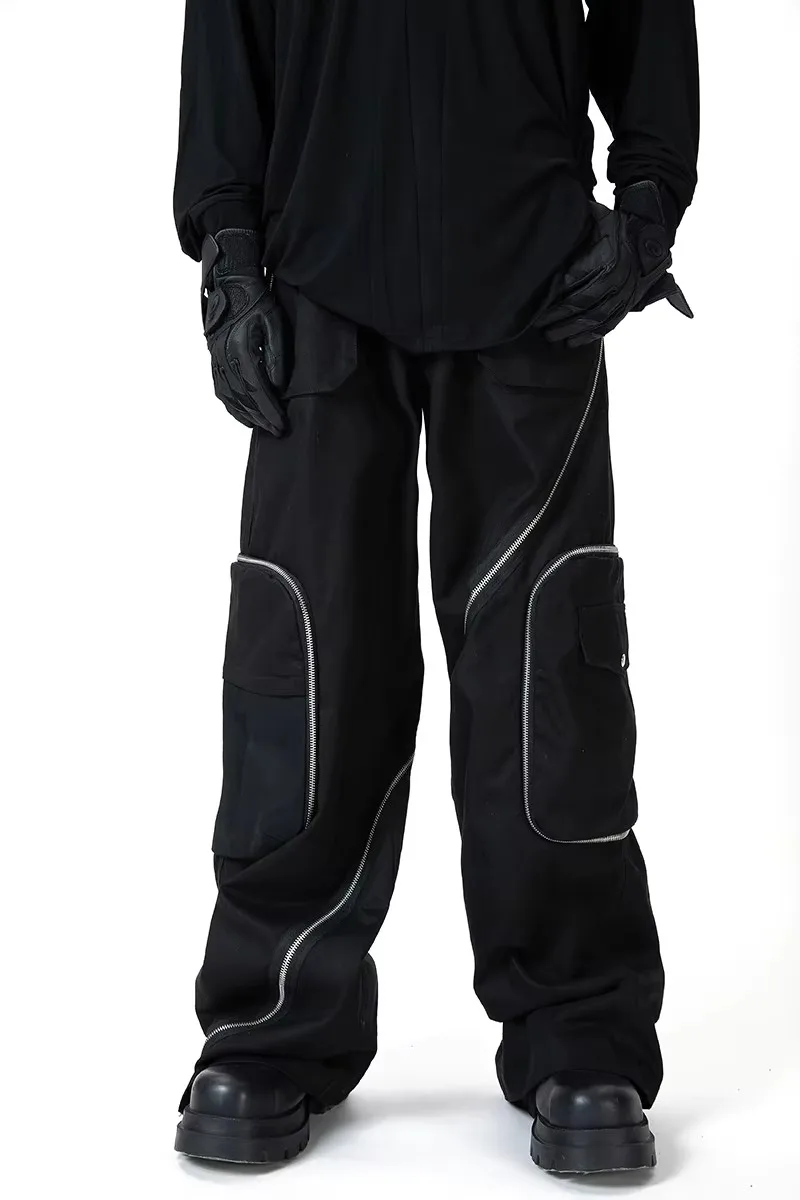 2025 novas roupas masculinas femininas moda original nicho duplo enrolamento perna larga calças com zíper plus size trajes 27-46