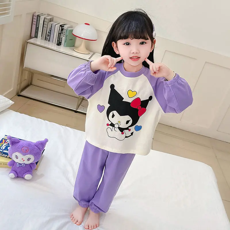 

Sanrio для девочек, 2 шт., детские пижамы Kuromi, новый стиль, весенне-осенний стиль, модный хлопковый домашний комплект с милыми героями мультфильмов