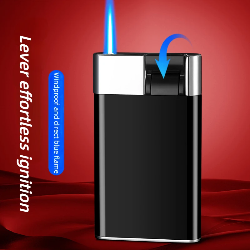 

2024 Latest Metal Personalized Creative Blue Flame Direct Metal Inflatable Windproof Lighter Lever Principle Cigarette Lighter
