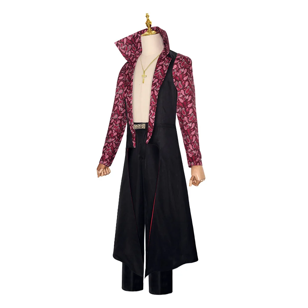 Filme Dracule Mihawk fantasia cosplay masculina, capa de gola alta, trench coat estampado, terno de carnaval de Halloween, colar, homem