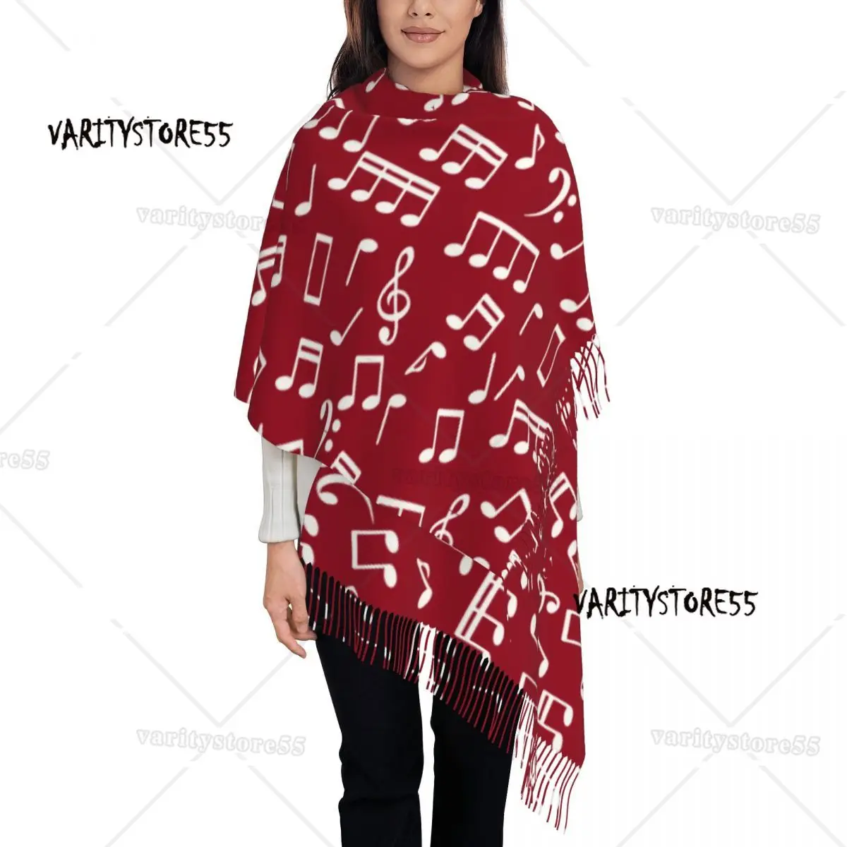 Womens Tassel Scarf Music Notes Red Long Soft Warm Shawl and Wrap Musical Cute Cartoon Gifts Pashmina Scarves