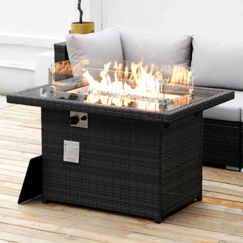 All-Weather PE Wicker Outdoor Fire Pit Table Propane Natural/Gas 55,000 BTU 43'' Rectangular Firepit Aluminum Frame