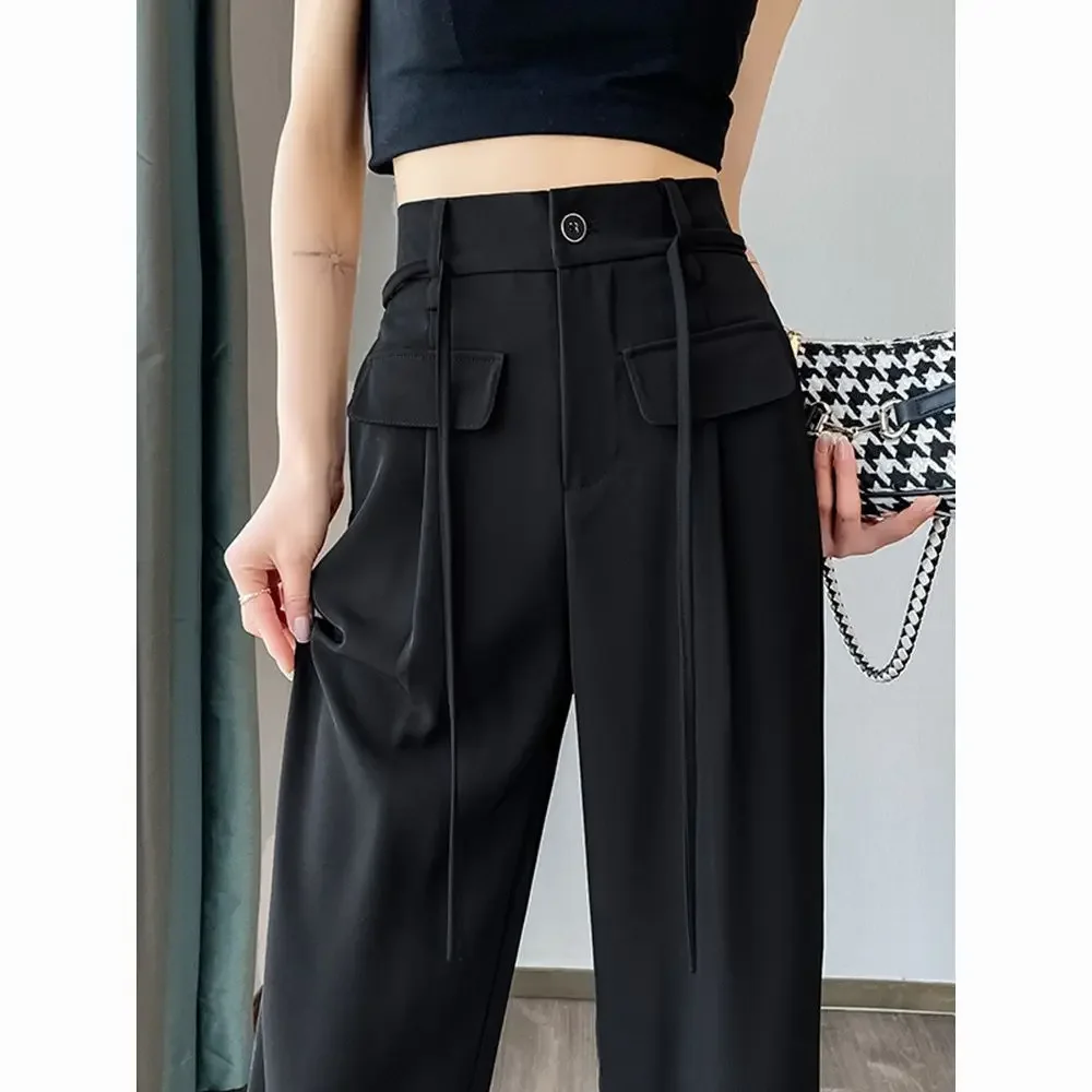 

Wide Leg Pants Women Pure Black Lace-up Korean Style Loose Leisure High Waists Female Spring Long Trousers Streetwear Fall Z52