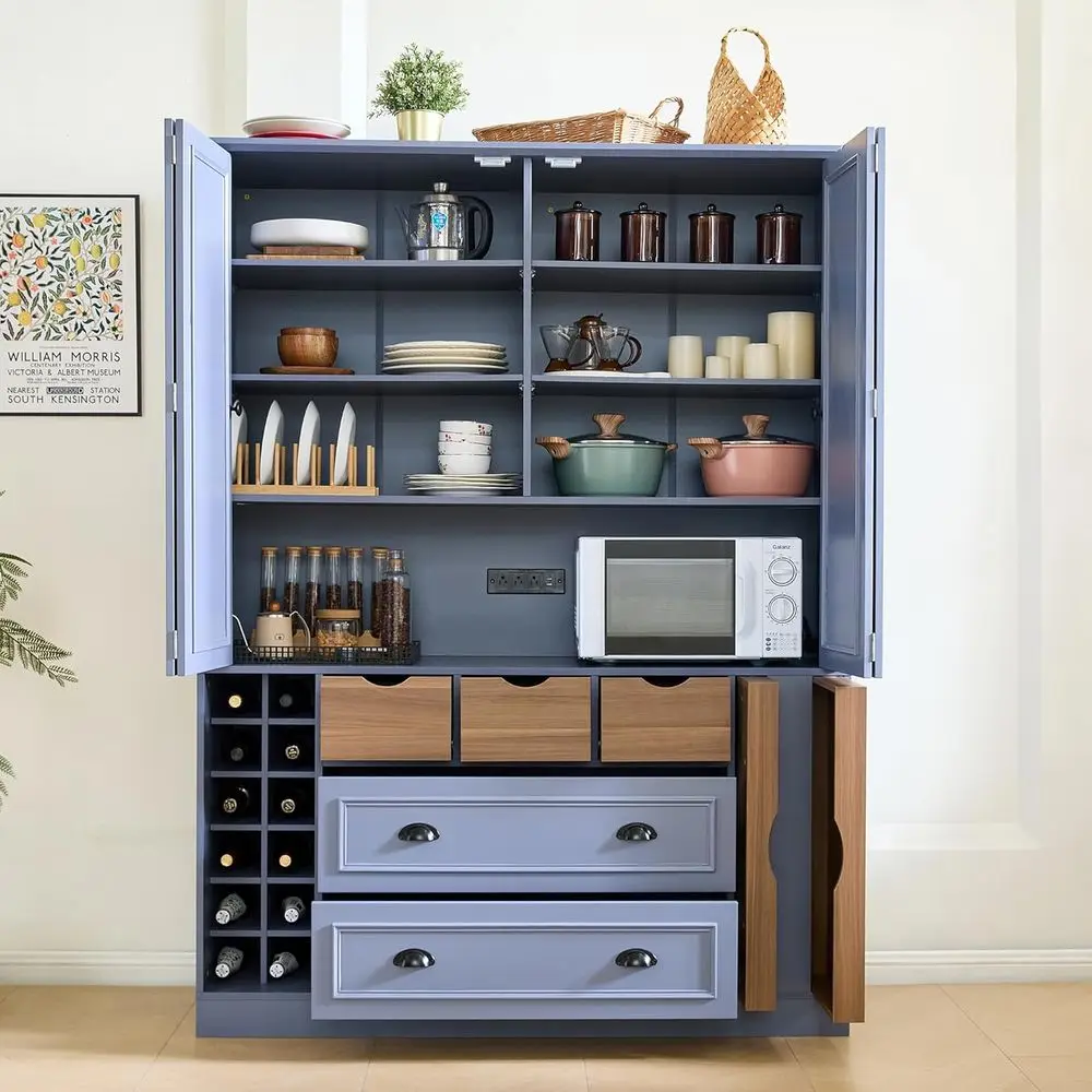 

71 Tall Kitchen Pantry Cabinet with Outlet, Hutch with Microwave Stand & Wine Racks, Large Storage Cabinet with Serving Trays, B
