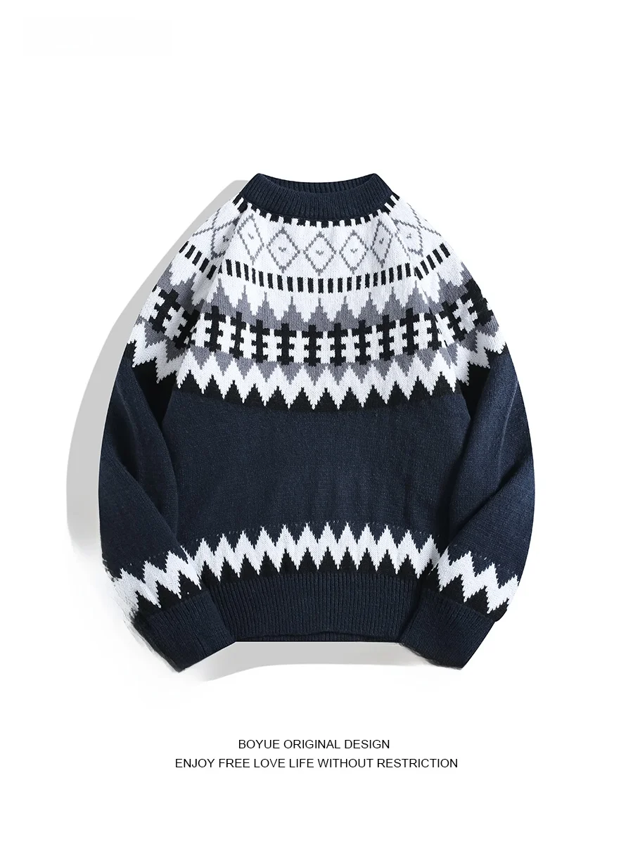 

Boyue Американский трикотаж с ромбовидным узором в стиле ретро, свободный круглый пуловер, дизайн для пар, повседневный длинный свитер из полиэфирного волокна