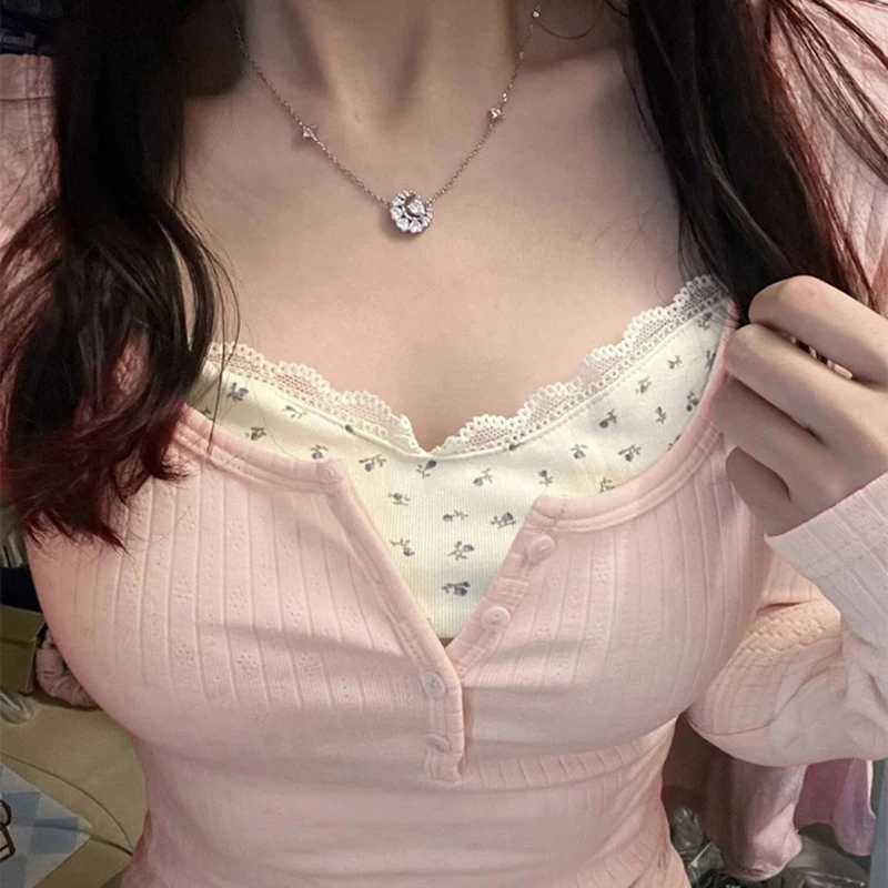 Sweet Pink Printed Long Sleeve Pullovers Women Fake Two Pieces Lace Round Neck Y2K Tshirt Woman Korean Buttons Slim Fit Jumper
