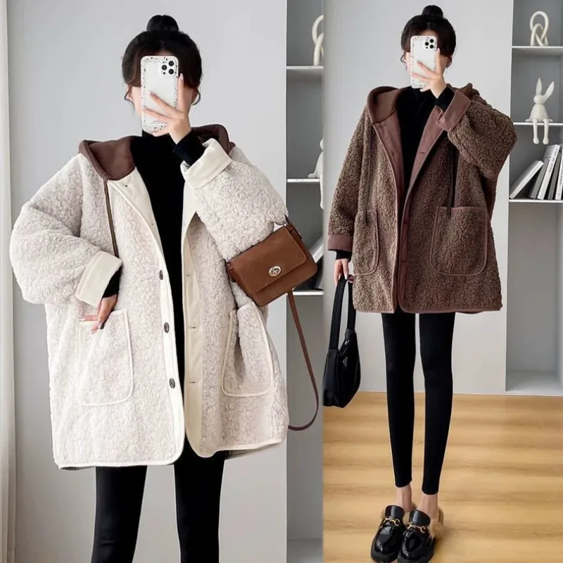 

Большой размер для беременных, осенне-зимнее утолщенное пальто из овечьей шерсти, женское зарубежное повседневное свободное модное пальто с капюшоном для мам, 95 кг