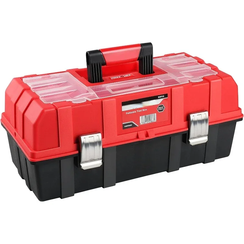 

17-Inch Tool Box, Three-Layer Folding Plastic Storage Toolbox, Multi-Function Organizer with Tray and Dividers