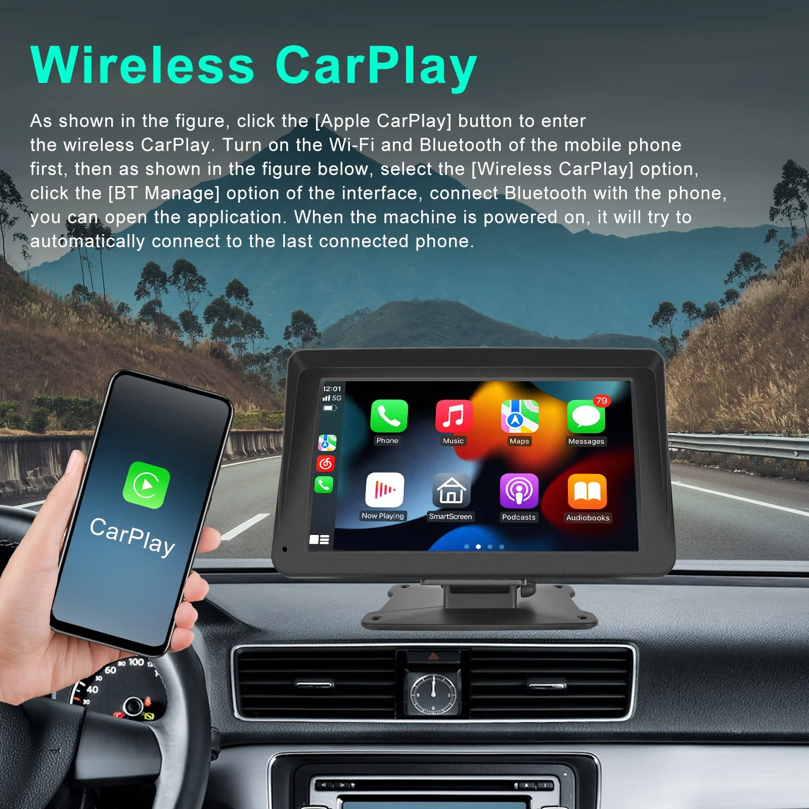 for Podofo Portable Wireless Carplay & Android Auto Car Radio Autoestereo 7 Inch Touch Screen GPS BT FM Smart Car Monitor PND