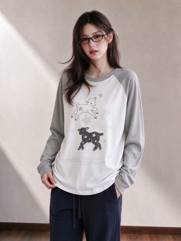 Loose Long Sleeve T-Shirt Women Early Autumn Inner Wear Sheep Print Casual Style Korean Style Top Breathable Comfortable