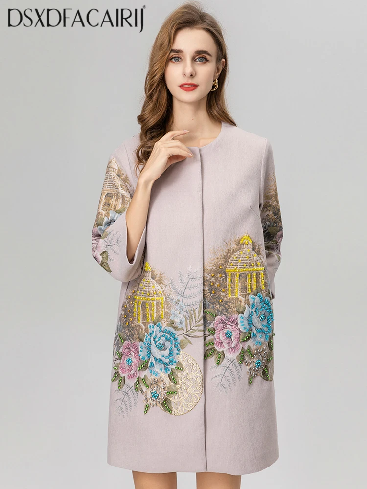 DSXDFACAIRIJ Women's Vintage Jacquard Diamond Beading Coat O-Neck 4/3 Sleeve Concealed Button Fashion Outerwear for Autumn