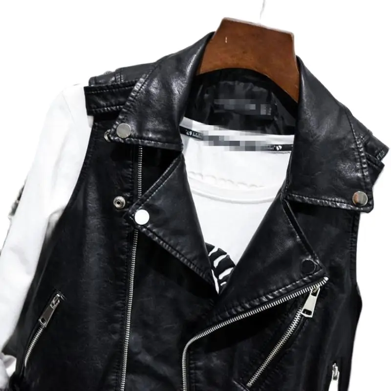 Jaquetas de couro feminino sem mangas pretas PU, colete motocicleta, coletes rebite, cinto Gilet, tops de inverno, cinto Outerwear