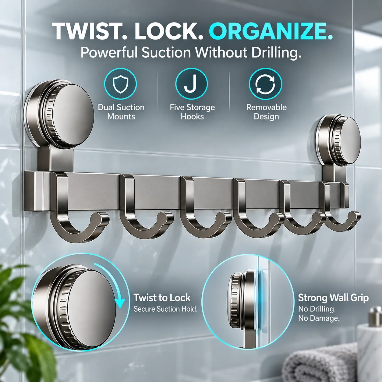  Suction Cup Clothes Storage Organizer Door Rack Punch-free Wall Mount Row Hook Heavy Load Bearing Multi Hook Door Hanger