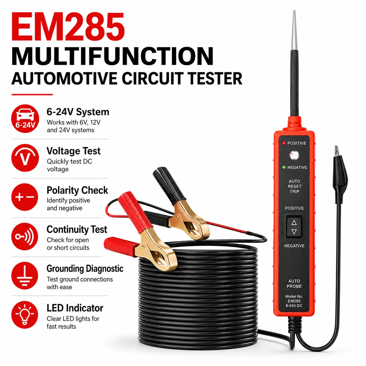 EM285 Multifunction Automotive Electrical System Tester 6-24V Car Circuit Voltage Polarity Continuity Ground Diagnostic Tool