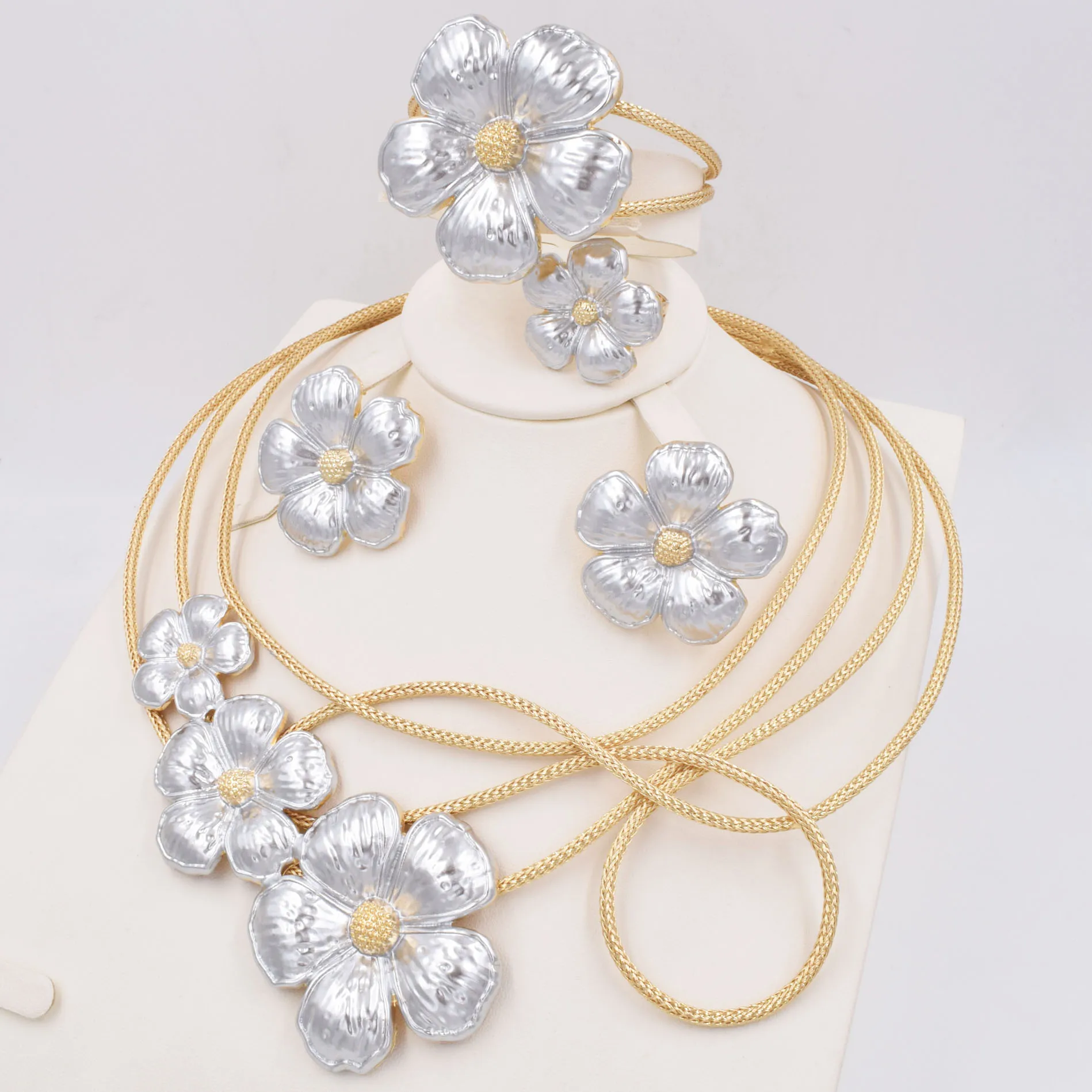 Italian 18K Gold Plated Jewelry Set Square Women Leaf Necklace Earrings Bracelet Ring 4pcs Jewelry Set Wedding Party Accessories