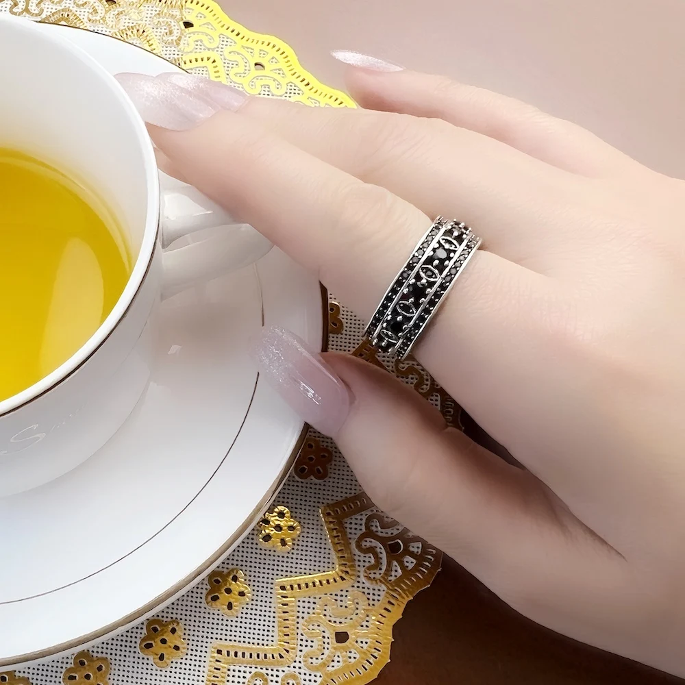 Women's Black Vintage 925 Sterling Silver Ring, Elegant Gift