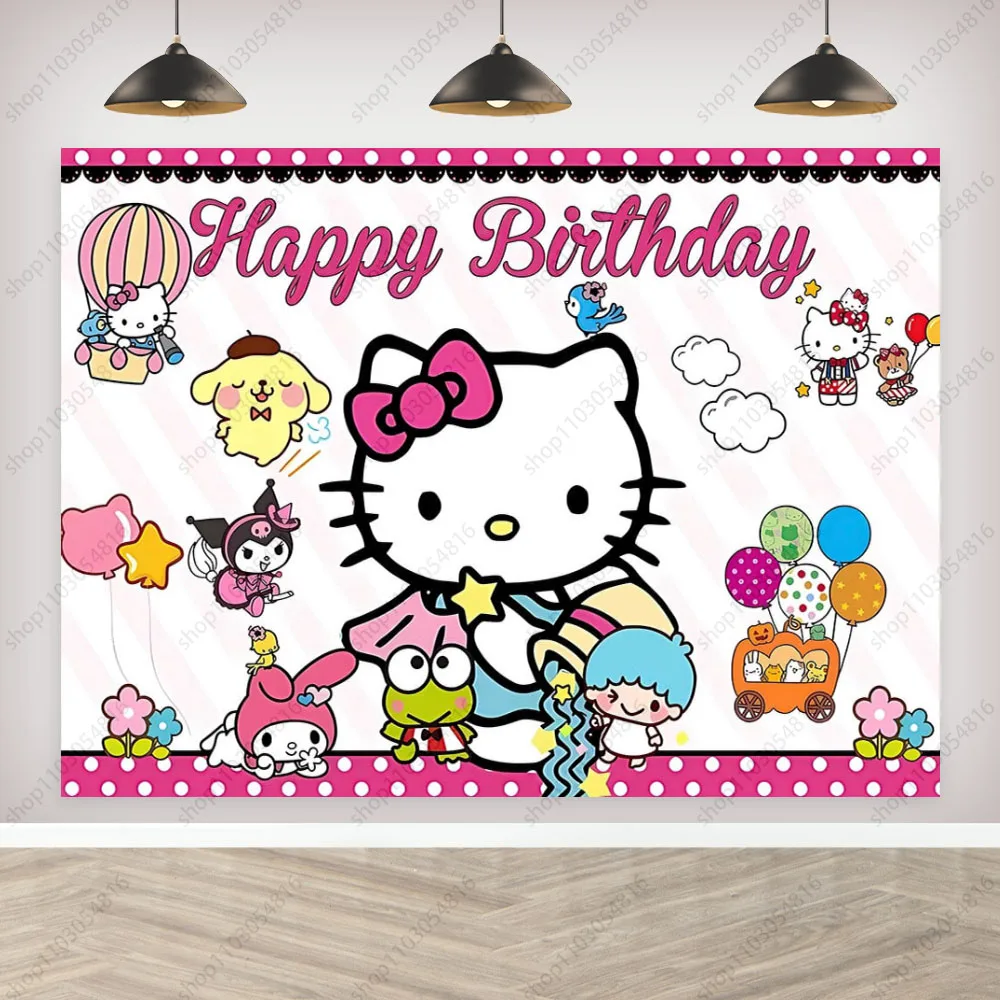 Hello Kitty Photography Backdrop Sanrio Pink Colorful Happy Birthday Cute Party Decoration Banner Photo Background Booth Props