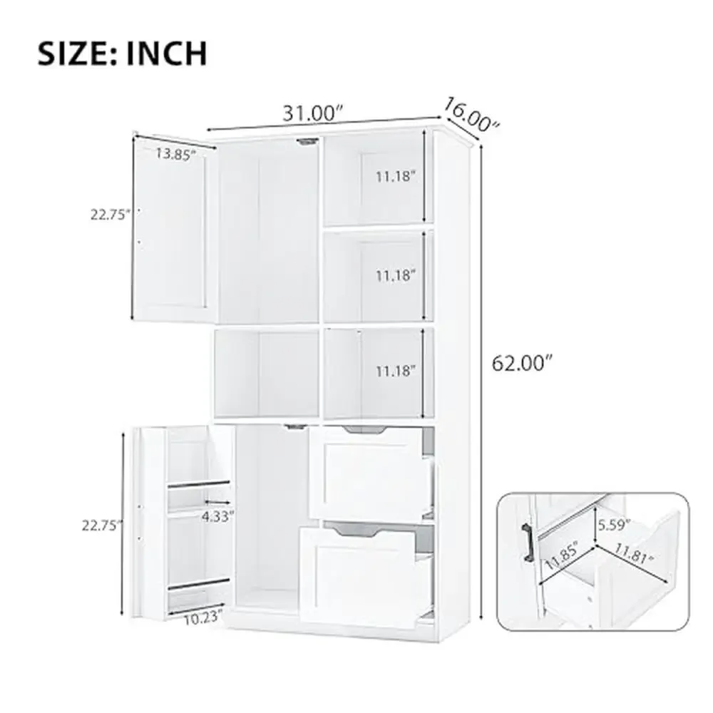 Tall White Wood Storage Cabinet with Doors Drawers Adjustable Shelves Freestanding Bathroom Organizer