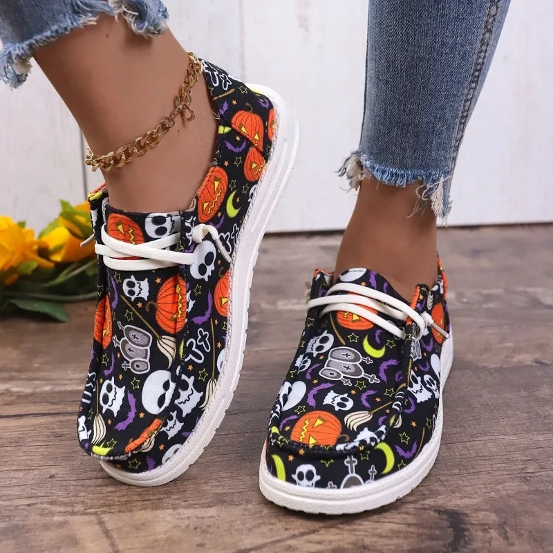 Print Casual Schoenen Halloween Dames 2024 Nieuwe Lichtgewicht Comfortabele Canvas Schoenen Outdoor Sport Platte Ronde Neus Schoenen