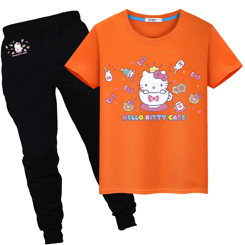 

hello kitty Print Summer 100%Cotton Cartoon T-shirt kids boutique clothes Short+pant Kawaii anime Tshirts boys girls Sports Sets