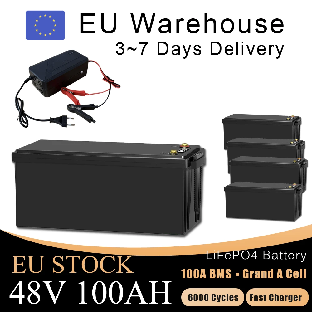 

48V 100AH LiFePO4 Battery Pack EU STOCK 51.2V Batteries 100A BMS + Charger For Solar Home Energy Inverter Golf Car Forklift Boat