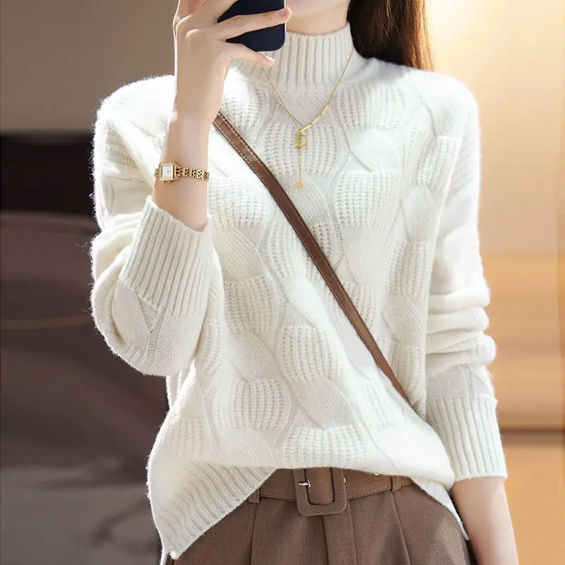 

2023 Autumn/Winter New Solid Color Half High Neck Fashion Loose Sweater Women's Knitwear Versatile Long Sleeve Bottom Top