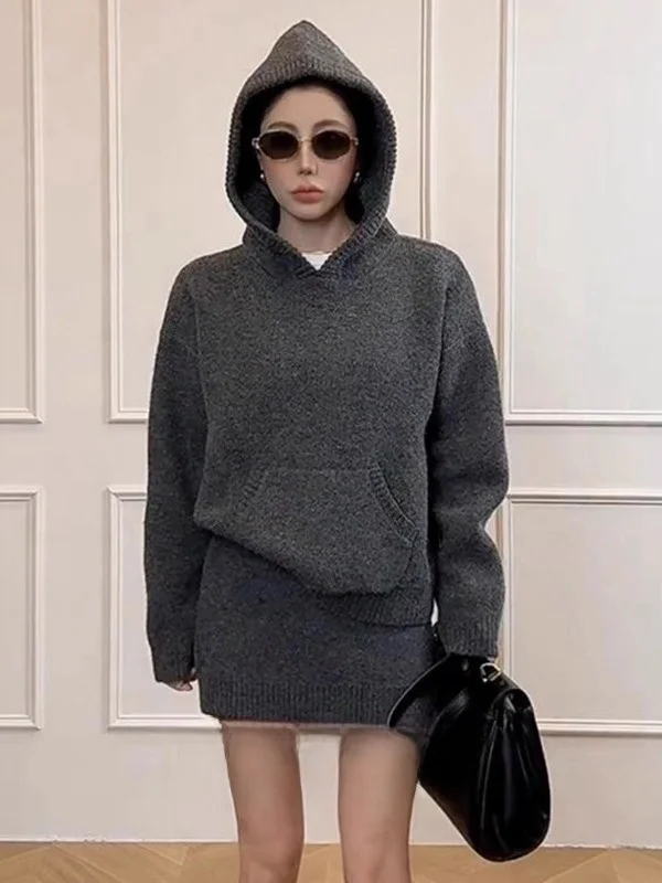 

Женский осенне-зимний модный вязаный комплект из двух предметов: шапка и юбка с высокой талией, свободного кроя, длинный рукав, дышащий, повседневная одежда