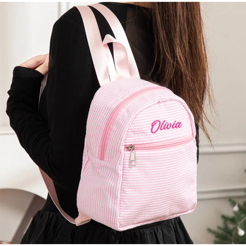 Personalized Embroidery Name, New Style Of Foam Gauze Backpack, Versatile And Simple Student Backpack, Striped Small Backpack