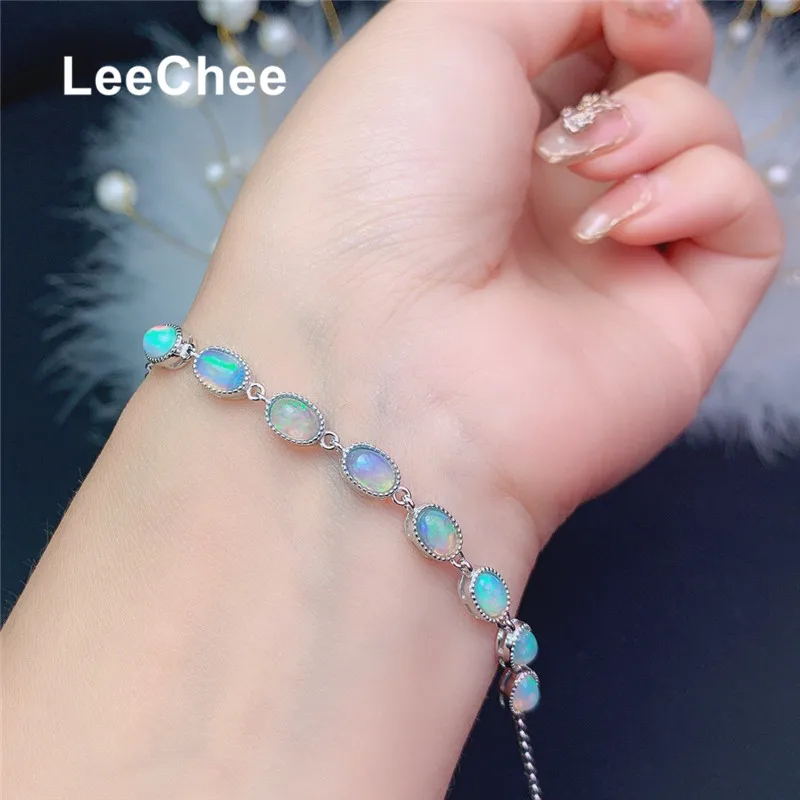 Natural Opal Bracelet 8 Pieces 4*6MM Colorful Gemstones Fine Jewelry Real 925 Sterling Silver for Women Anniversary Party Gift