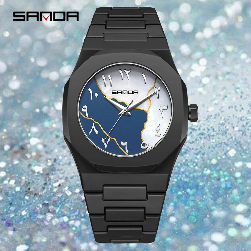 SANDA 9091 موضة الراقية الأعمال كوارتز متعددة الوظائف سوار فولاذي مثمنة المسمار حلقة الزخرفية ساعة رجالي