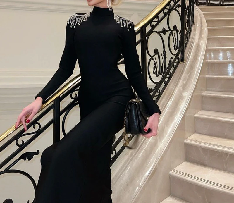 

Women's Round Collar Long Sleeve Split Sexy Elegant Temperament Evening Light Diamond Leakback Dress