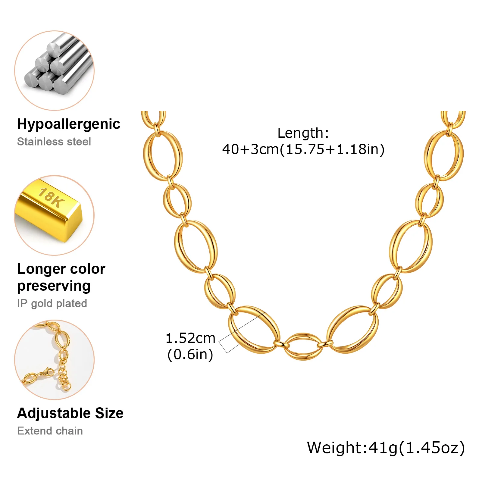 Klobige Gliederkette aus Edelstahl für Damen, vergoldete, dicke ovale Ketten-Choker-Halskette, geometrischer minimalistischer Schmuck – Detail 6