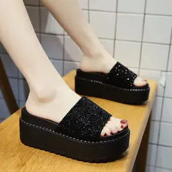2024 Woman Slippers Summer Platform Ladies Wedges Peep Toe Rhinestone Slides Female Solid Women Casual Outdoor Shoes Women's