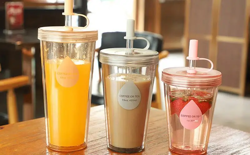 Double-layered Milk Tea Plastic Cup For Students  Creative Portable Simple Handy Cup For Coffee Milk Juice Iced Tea Clear