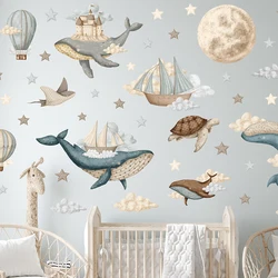 Watercolor Dreamy Ocean Wall Sticker Kids Room  Hot Air Balloon Ships Whales Moon Star Wall Decal Bedroom Home Decor