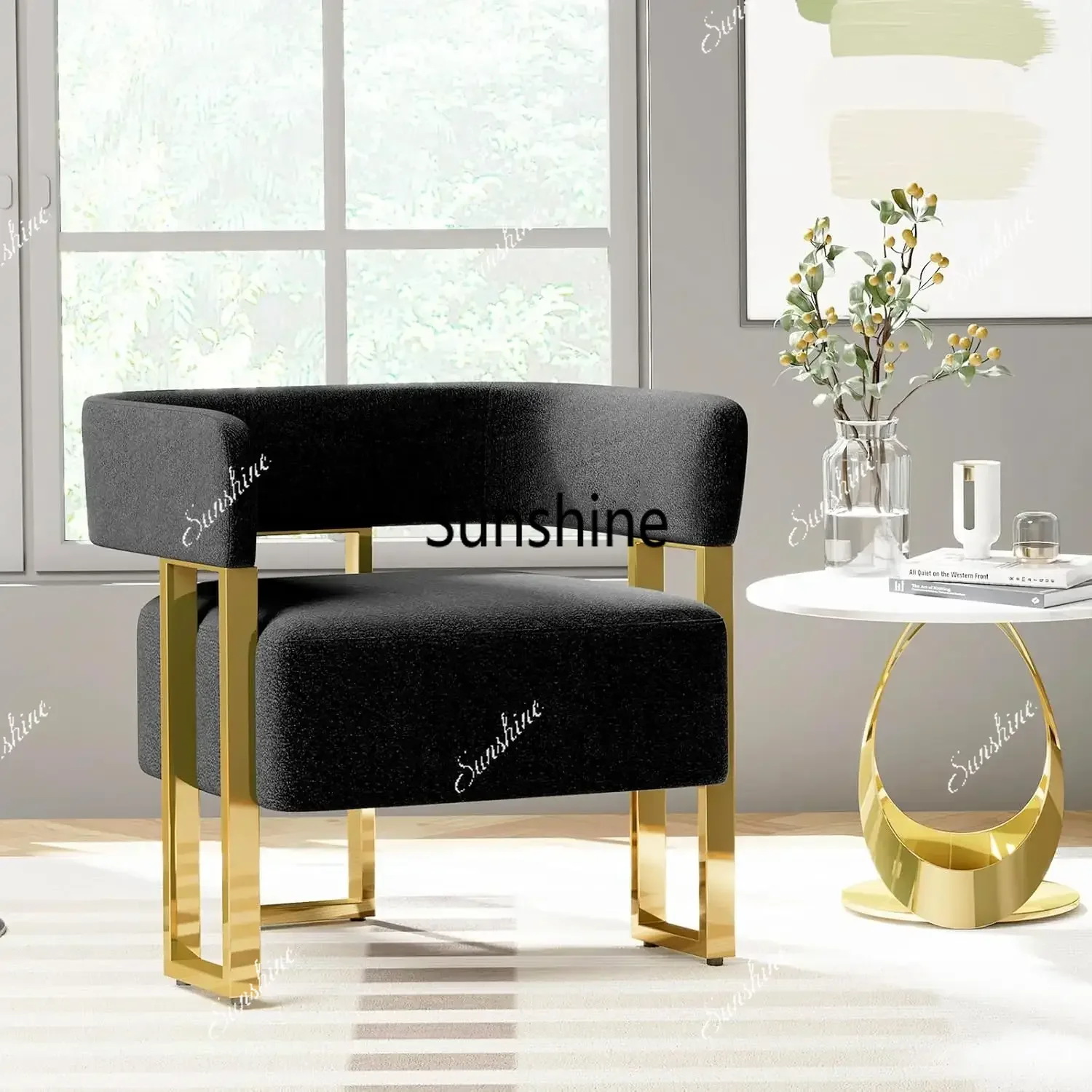 Black and Gold Accent Chairs Set of 2, Boucle Barrel Chairs for Living Room |  Boucle Upholstery, Curved Bucket, Customized