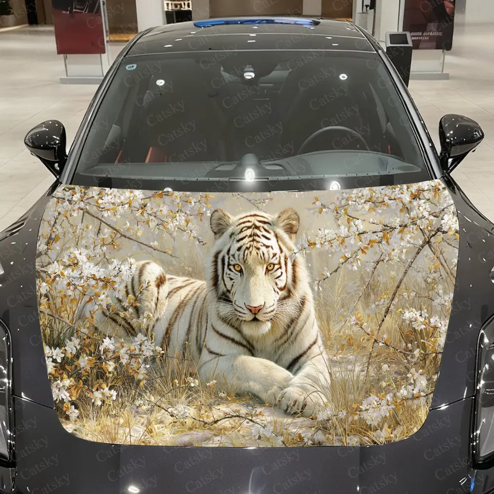 

Cherry Bush White Tiger Car Vinyl Wrap, PVC Material Waterproof Car Hood Sticker, Self-Adhesive Scratch-Resistant Stickers for E