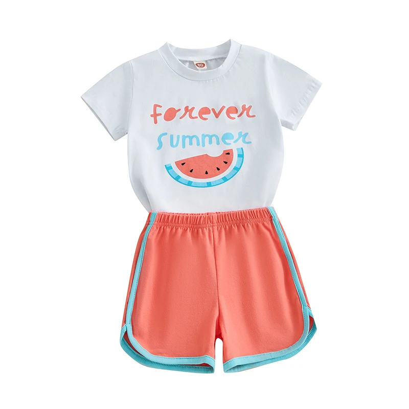 Toddler Girl Summer Outfit Letter Watermelon Print Short Sleeve T-Shirts Tops and Shorts 2Pcs Clothes Set