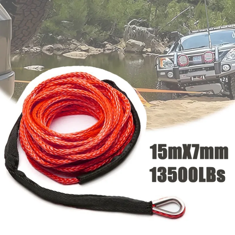 Heavy Duty 15m x 7mm Winch Rope - 13,500LBS Synthetic Tow Cable with Sheath & Wear Resistance