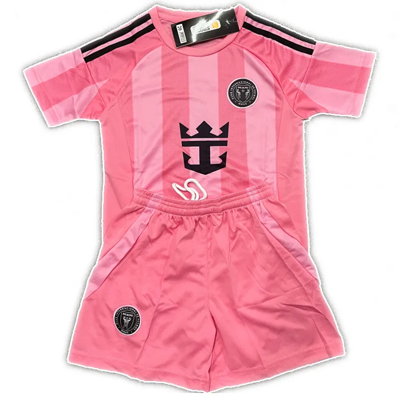 ملابس تدريب كرة القدم للأطفال، قميص ميامي ميسي 0 للمنزل والخارج، زي كرة قدم سريع الجفاف للأولاد والبنات باللون الوردي، طقم قصير